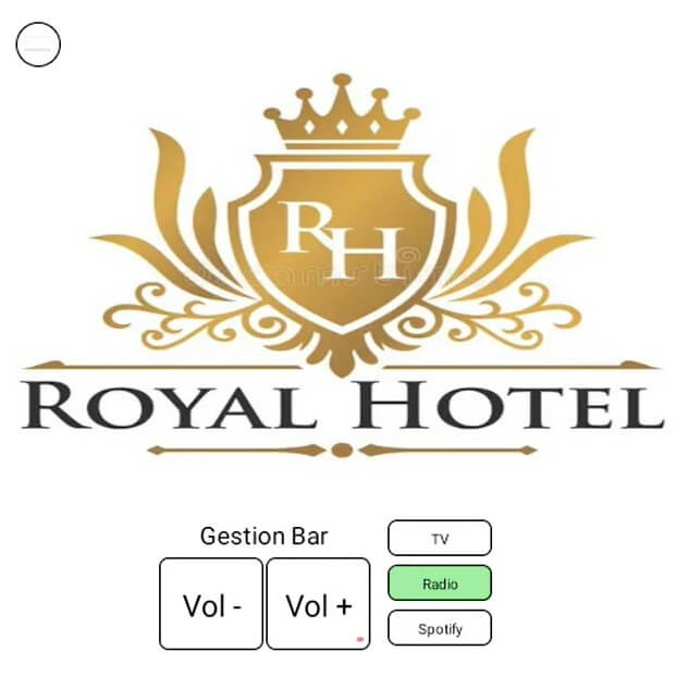 AmiControl personnalisé aux couleurs d’un client Royal Hotel&nbsp;: gestion du bar, volume et sources TV, radio, Spotify